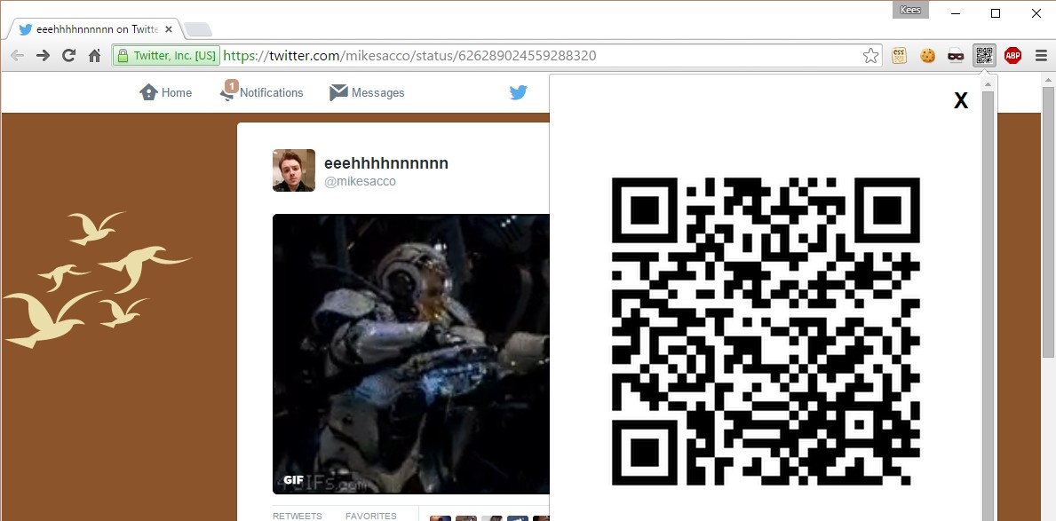Screenshot of the QR Code Tag Extension and a Twitter URL.