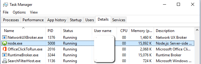 Node.exe is now visible in the Task Manager