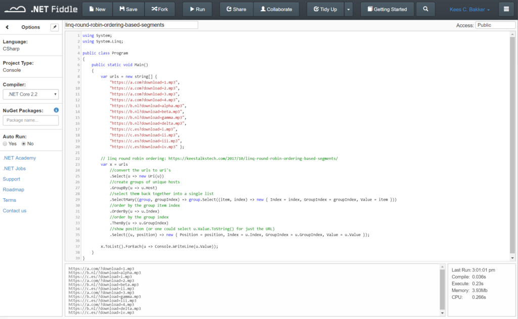 Screenshot of the .NET Fiddle interface.