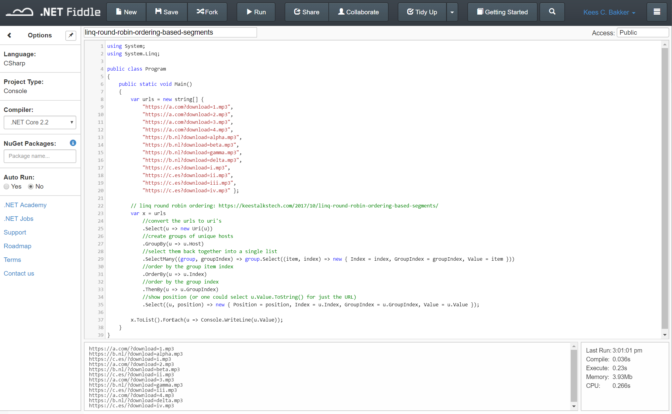 Screenshot of the .NET Fiddle interface.