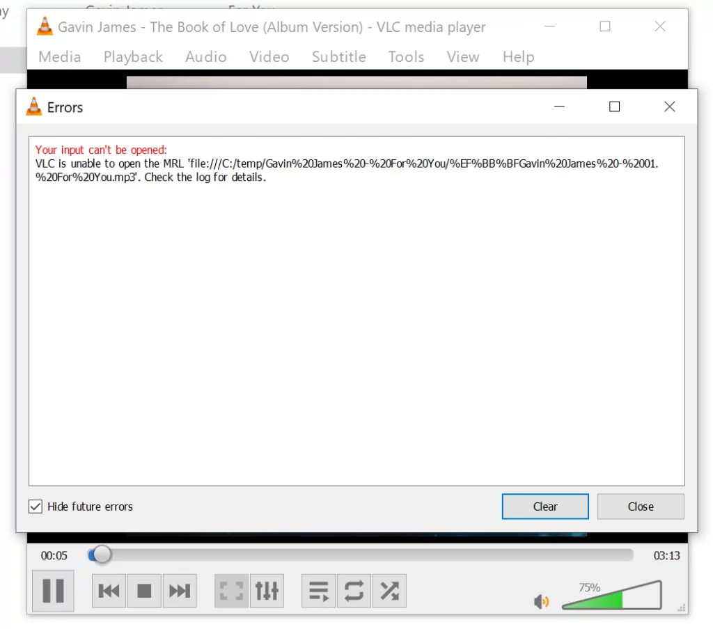 VLC player showing an MRL exception for an M3U playlist with the wrong encoding.