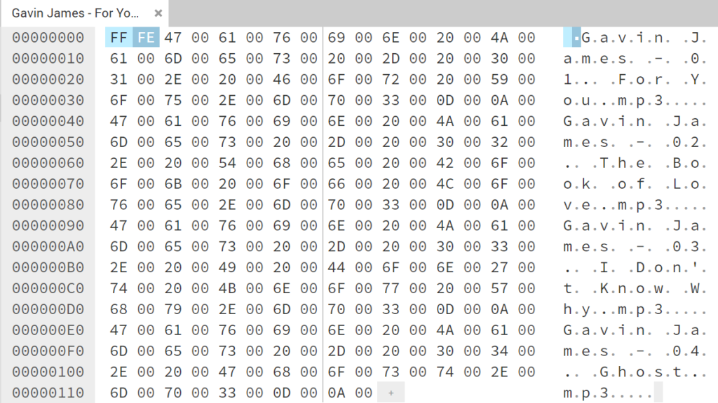 Screenshot of the HEX editor showing the M3U file that was written WITHOUT the endoding.