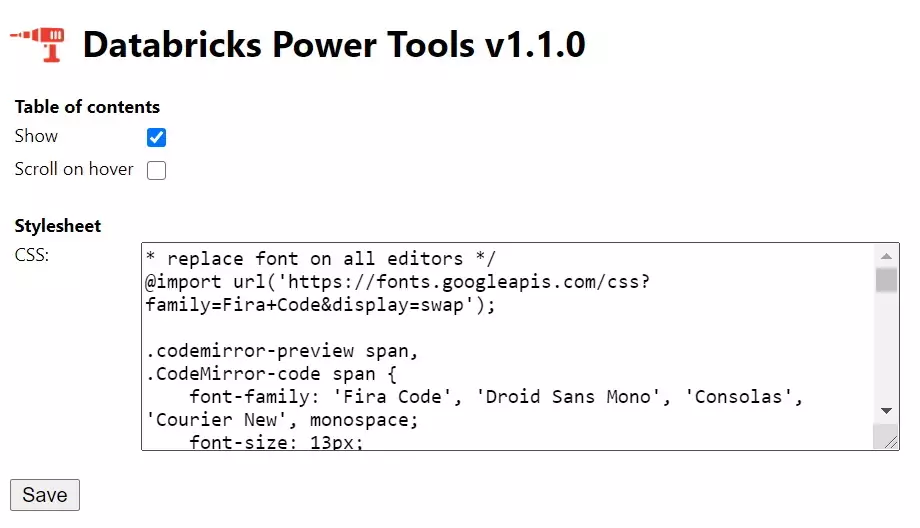 A screenshot of the options provided by the Databricks Power Tools (June 2020).