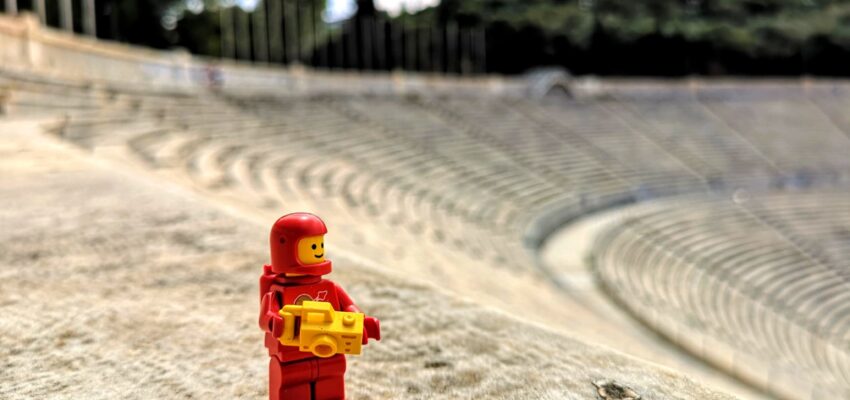 Brick astronaut with camera in the Kalimarmaro, where the first Olympic Games were held.