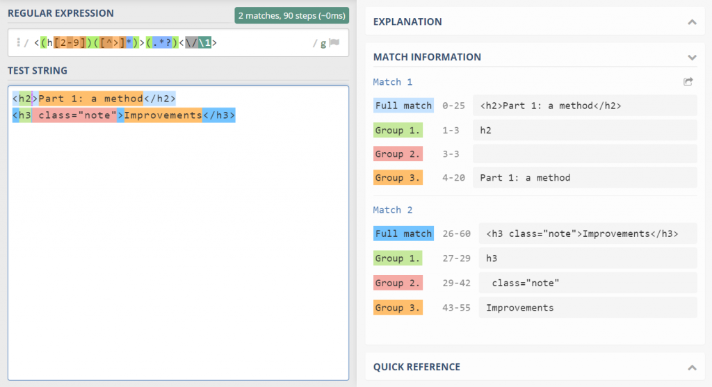 Screenshot of Regex101.com visualizing the groups that are captured by the regular expression.
