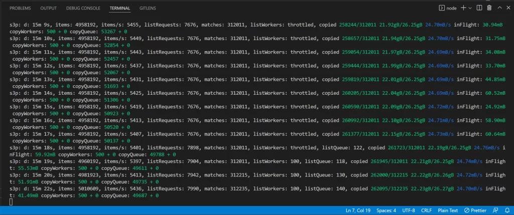 VSCode Terminal screen with s3p copy output showing a per second overview of the copy progress.