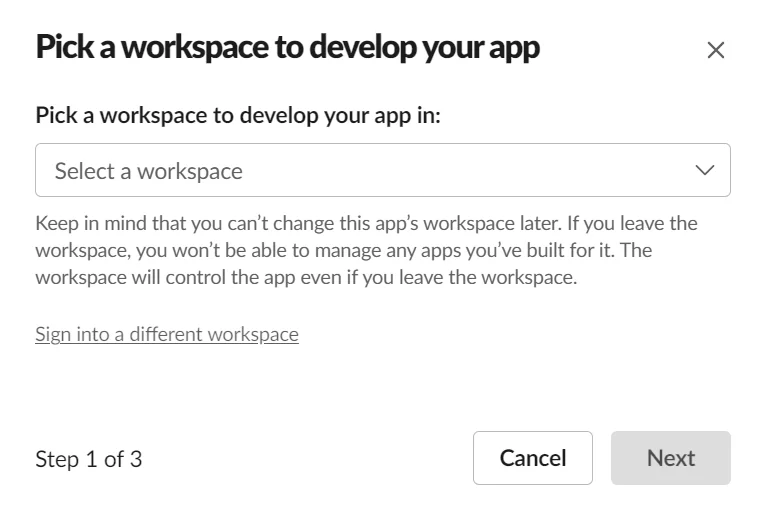 Step 1 of 3: select a workspace for your app.