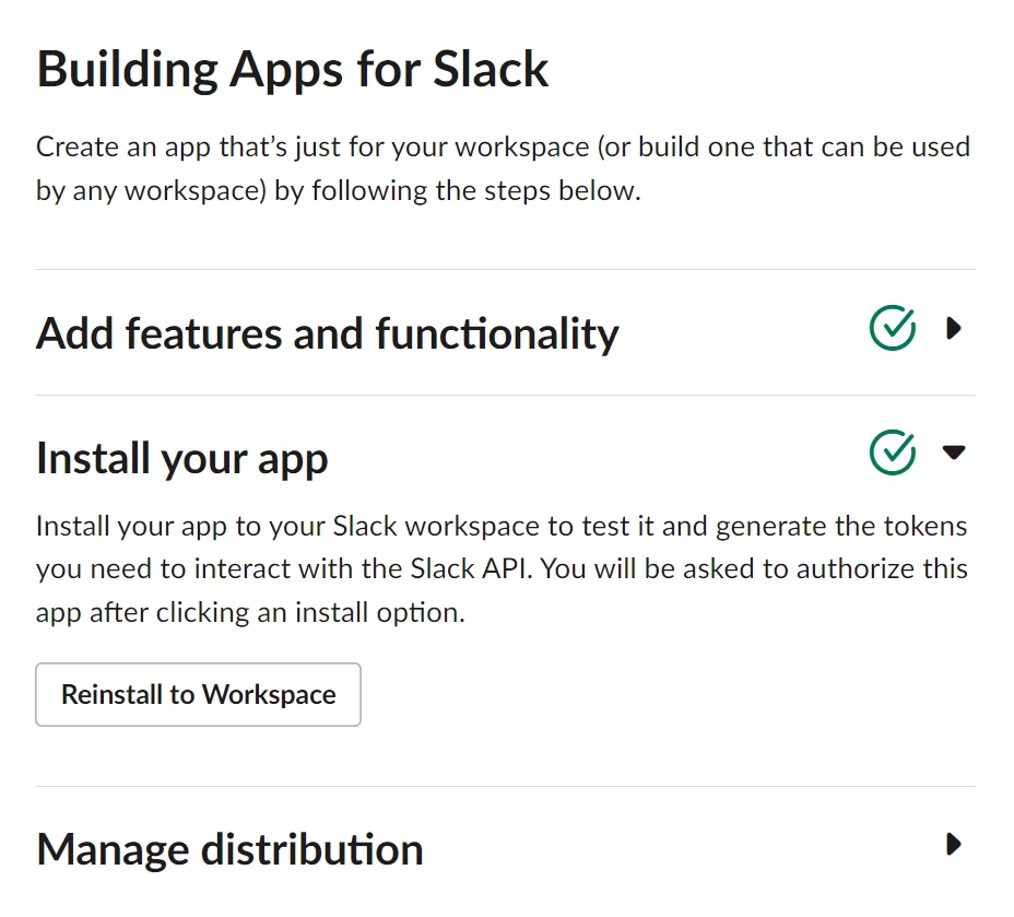 Building Apps for Slack settings screen.